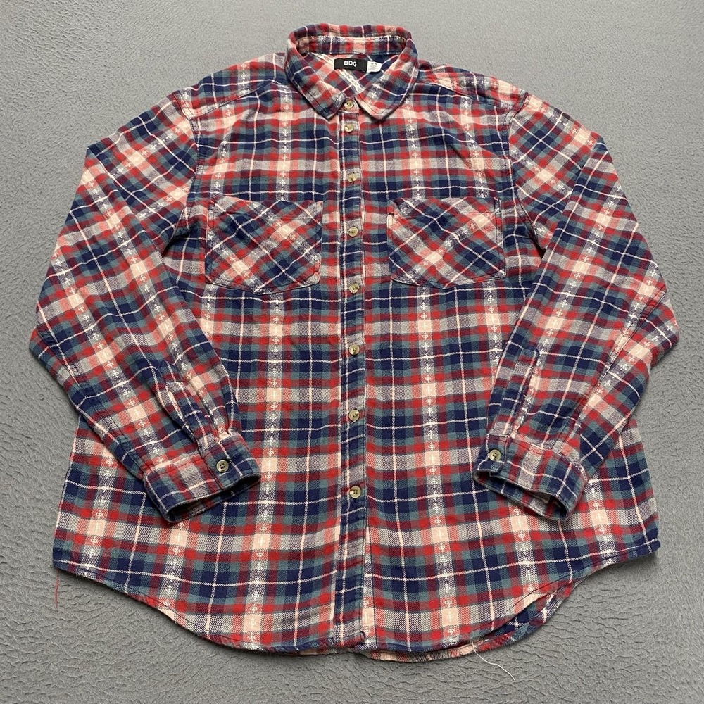 BDG Shirt Womens Medium Blue Red Plaid Flannel Button Up Long Sleeve Casual